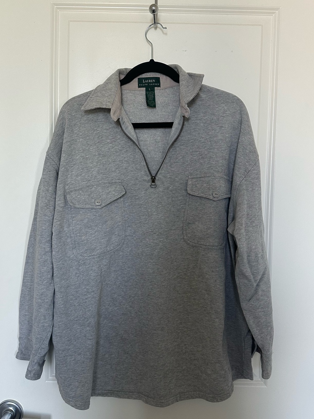 Vintage Ralph Lauren Men's Light Gray Half-Zip Collar Pullover